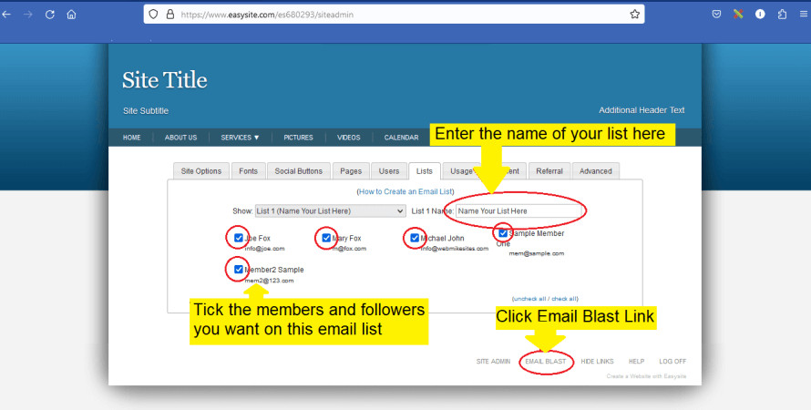 How to create an email list on a Easysite website.