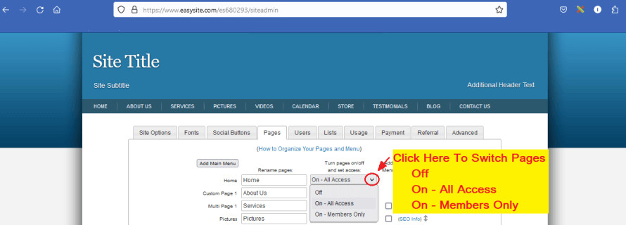 How to switch pages on and off on your Easysite website.