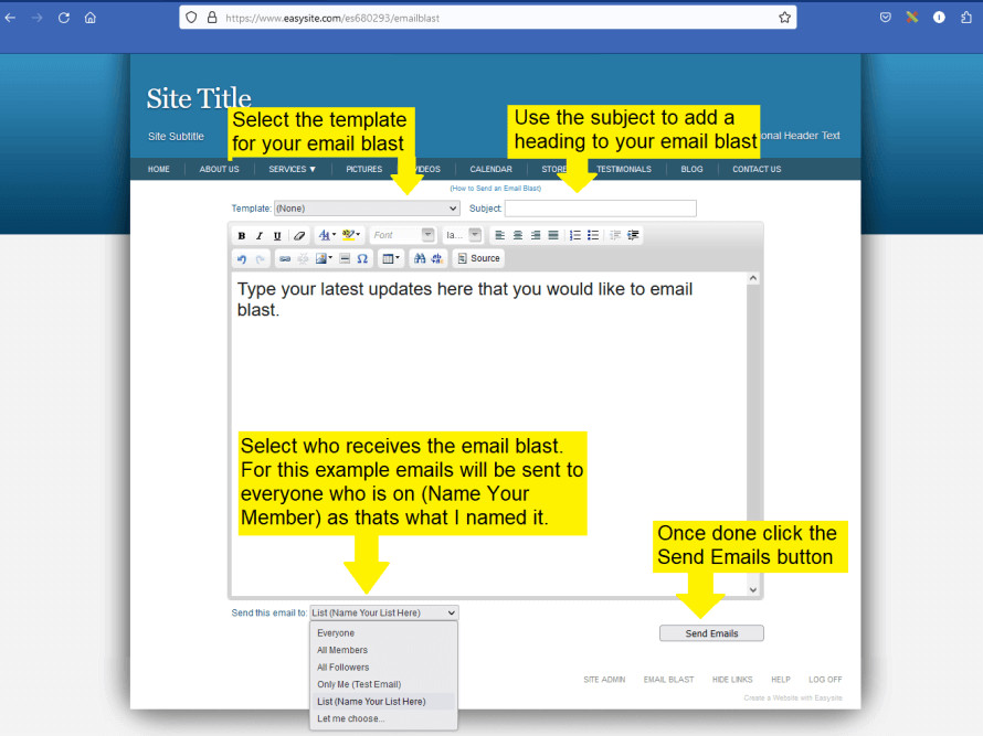 How to send an email blast on a Easysite website.